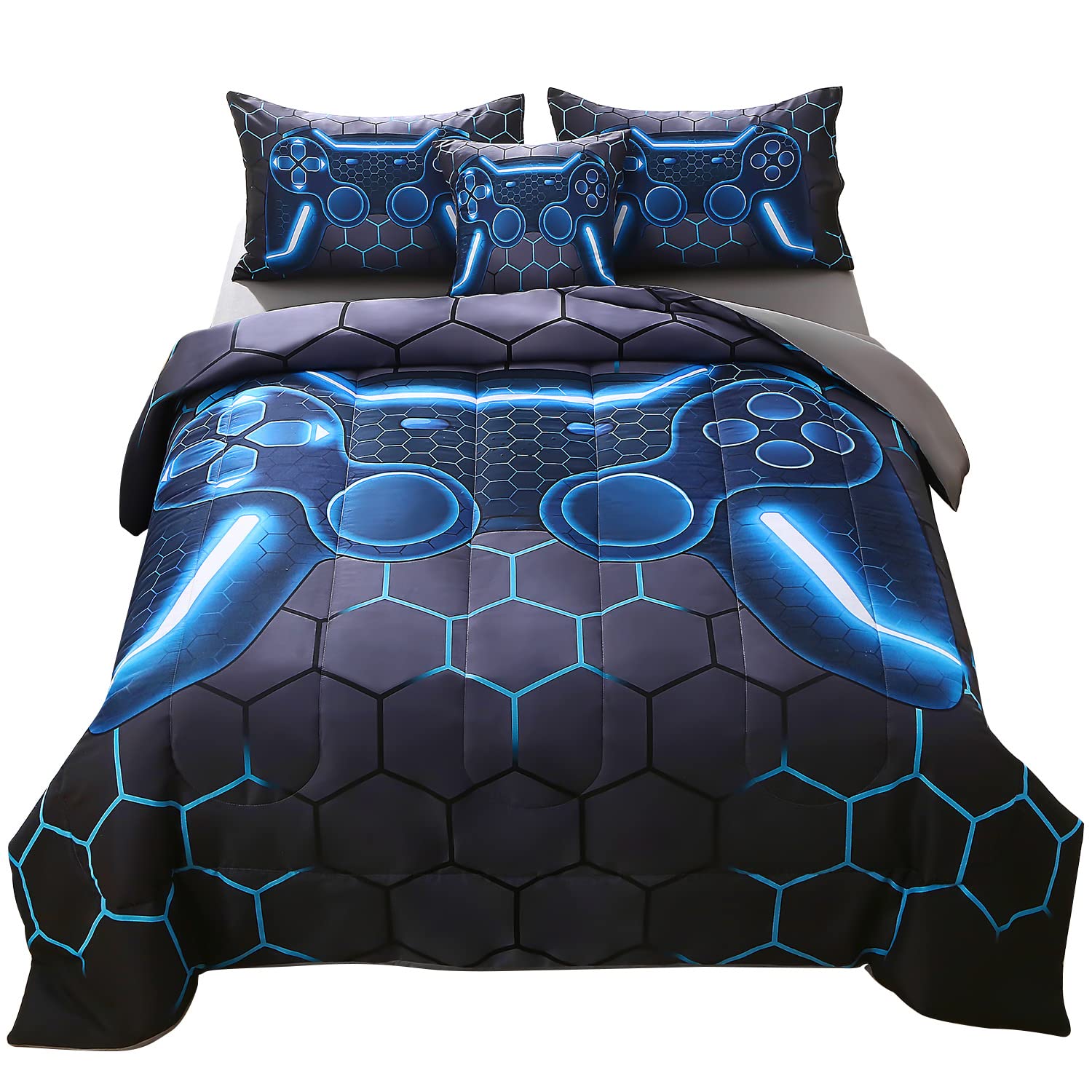 Jqinhome Full Gamer Comforter Set,6 Piece Bed In A Bag 3D Video Game Bedding -All Season Down Alternative Gamer Bedding Sets - (